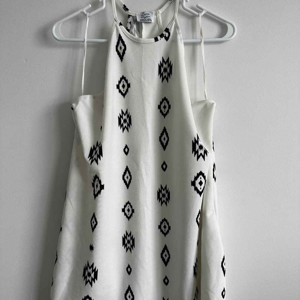 ZARA High Neck Black Aztec Print White Mini Dress - Size M